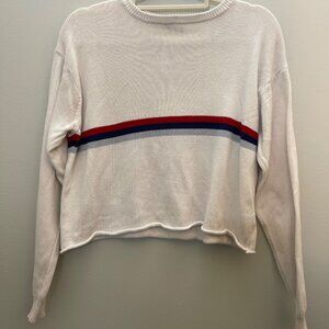 Brandy Melville White Sweater With Red & Blue Stripe Cropped Fit Knit Fabric